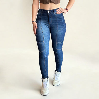 Jean skinny cargo tiro alto levanta cola tono azul oscuro
