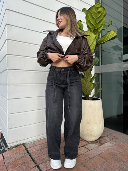 Jean wide leg mujer con correa tono gris