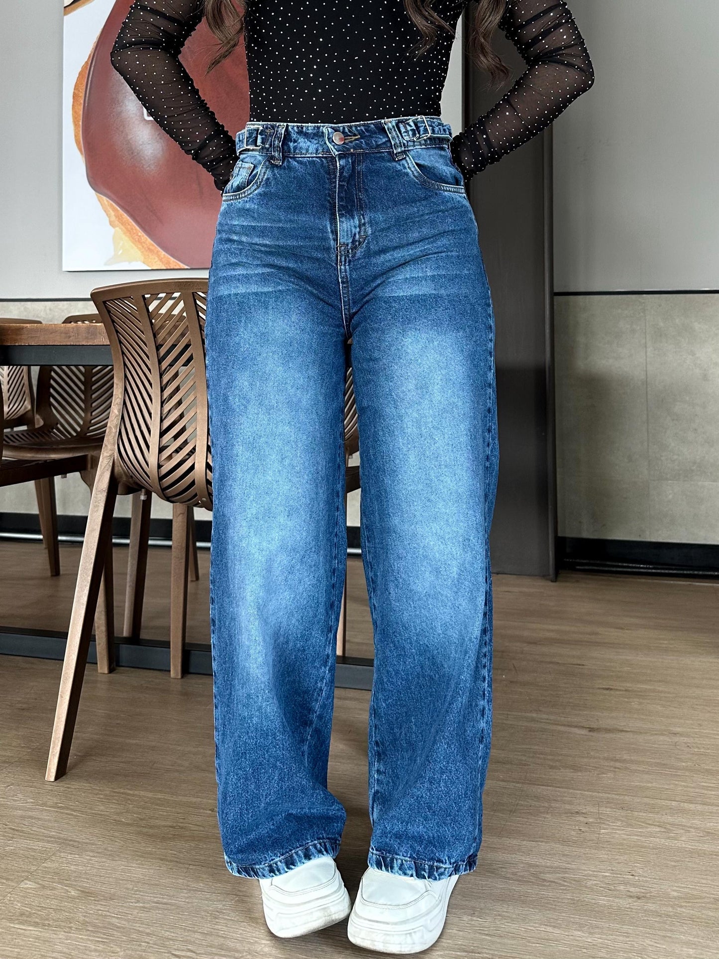 Jean wide leg mujer ajuste cintura azul medio
