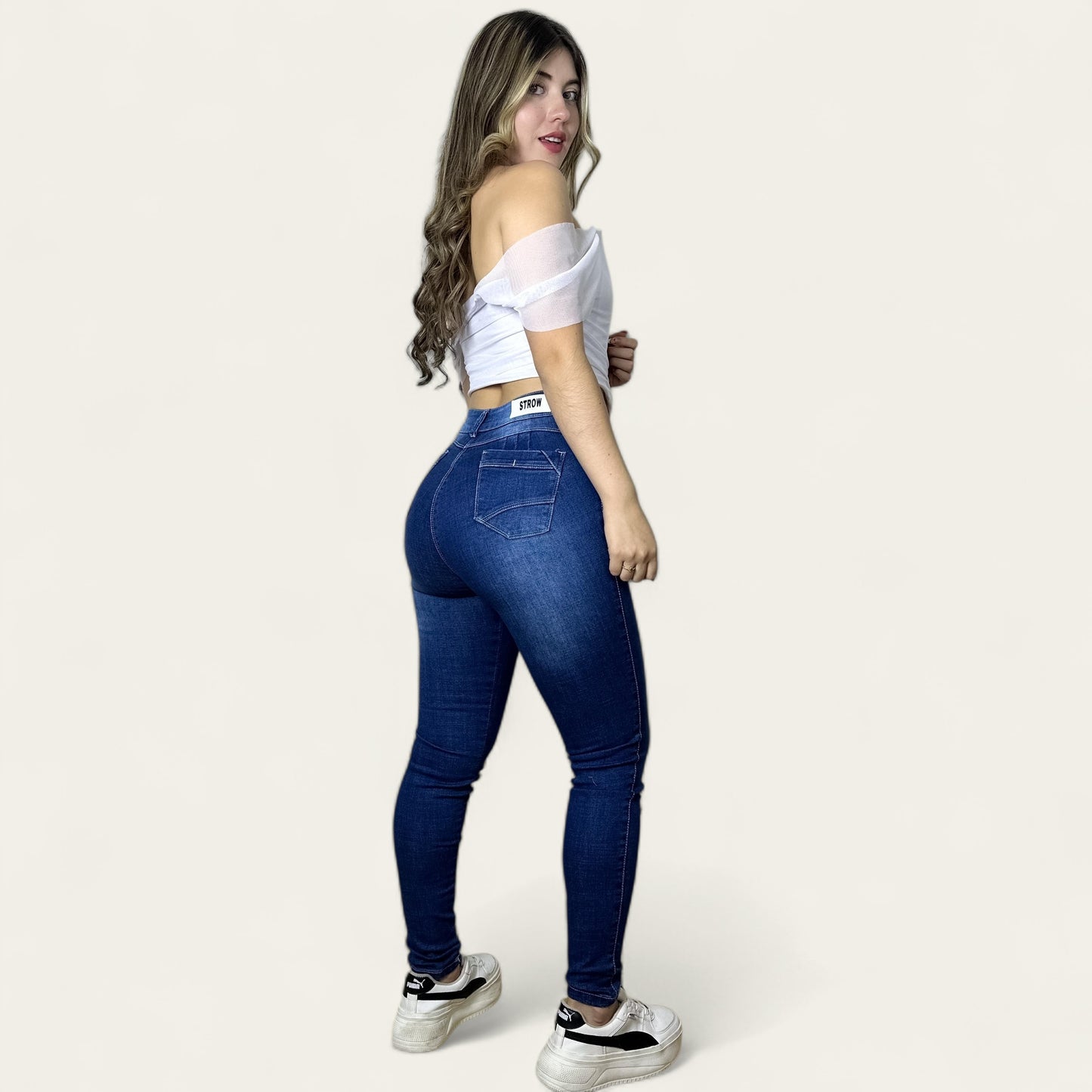 Jean Skinny Mujer stretch tiro alto levanta cola Azul oscuro detalle botón