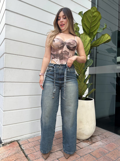 Jean wide leg mujer con correa tono verdoso