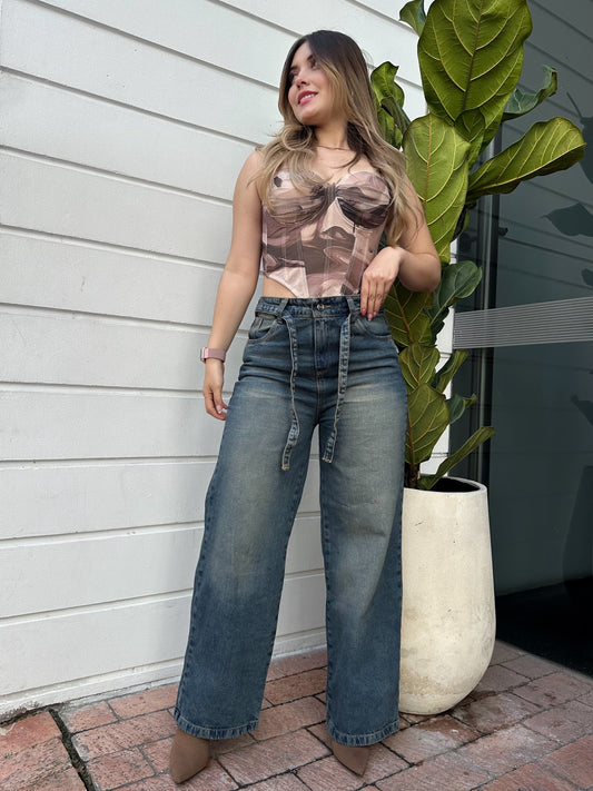 Jean wide leg mujer con correa tono verdoso