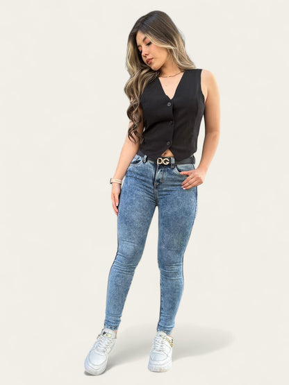 Jean skinny mujer tiro alto levanta cola tono azul frosteado