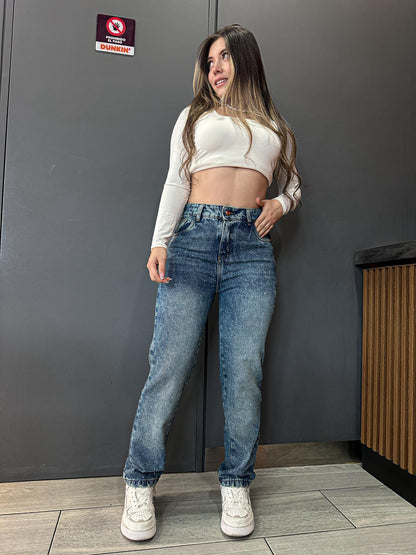 Jean Boyfriend europeo tono azul verdoso