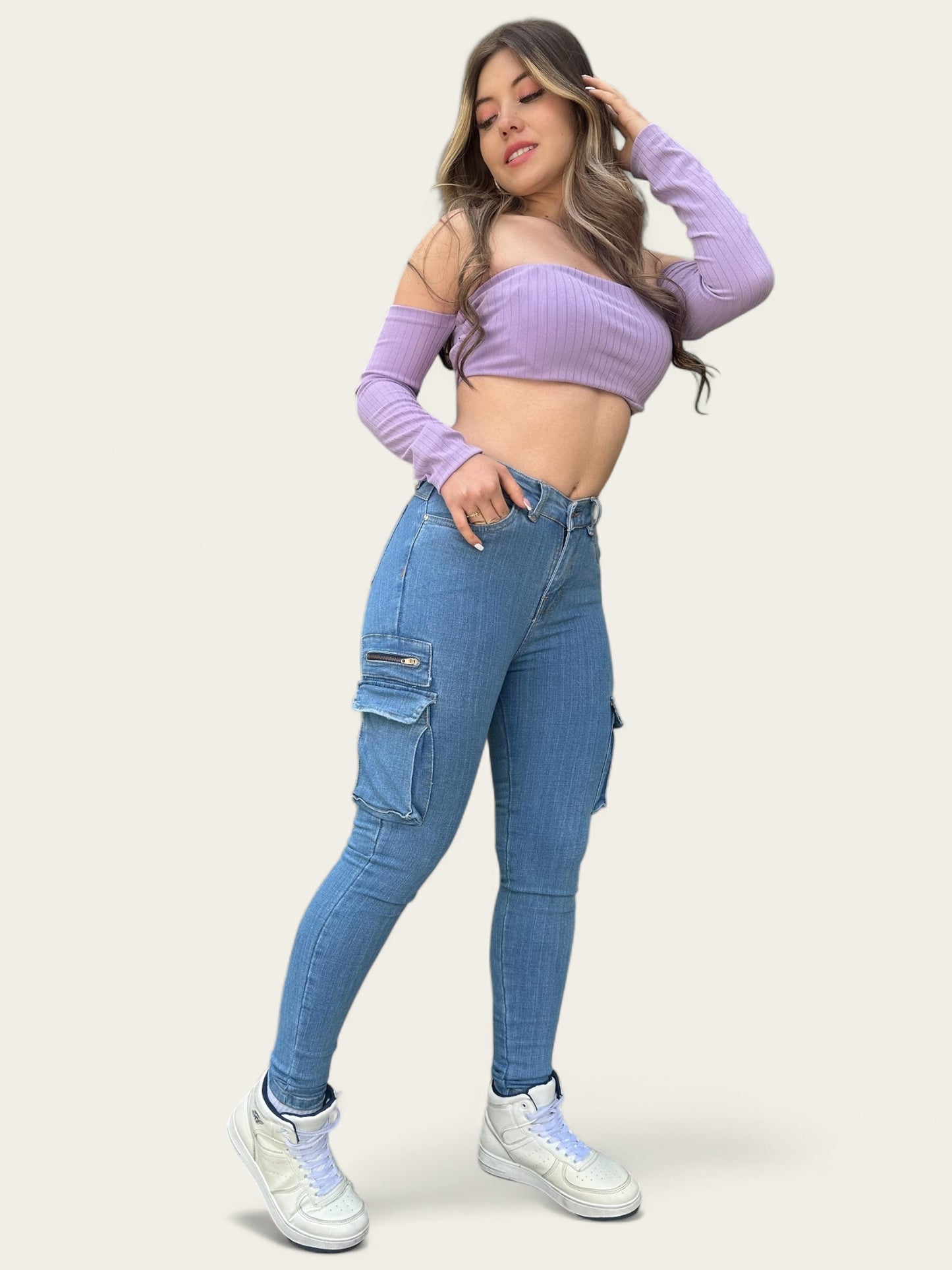 Jean skinny mujer tiro alto cargo tono claro