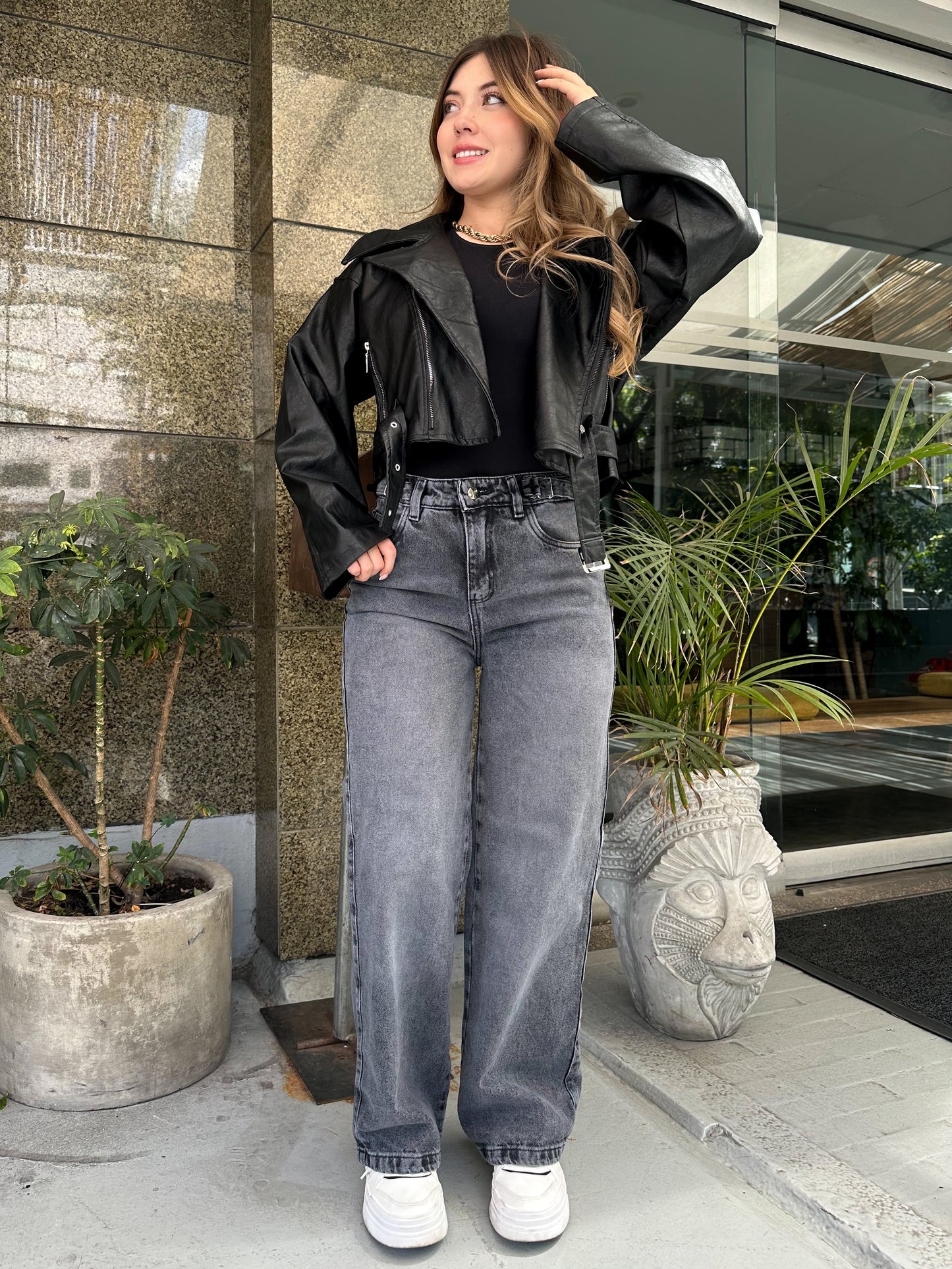 Jean wide leg mujer ajuste cintura tono gris