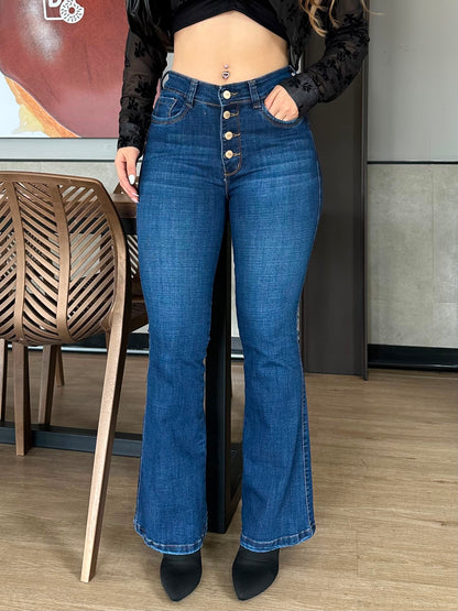 Jean Flare europeo Mujer tiro alto levanta cola tono azul clásico