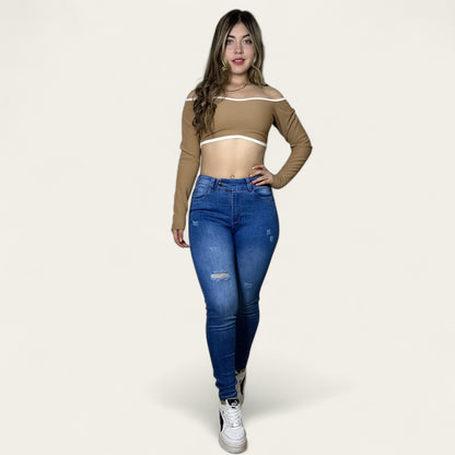 Jean Skinny Mujer stretch tiro alto levanta cola Azul medio detalle botón