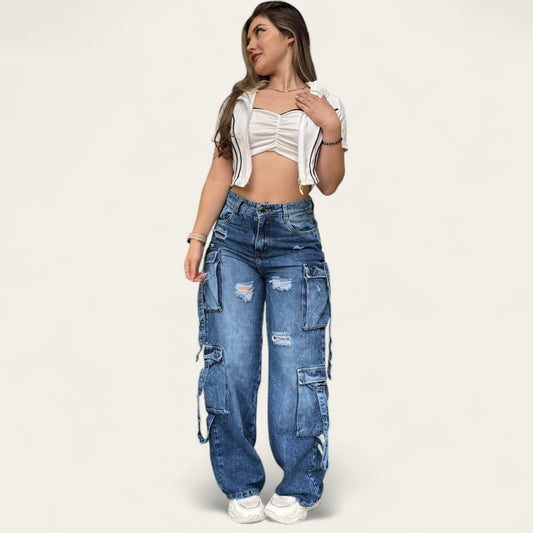 Jean cargo mujer tono azul medio