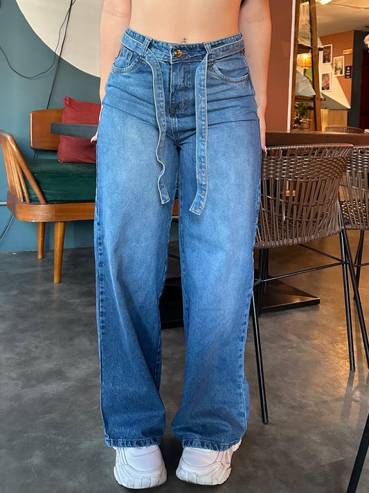 Jean Wide Leg mujer tono azul medio clasico con Correa