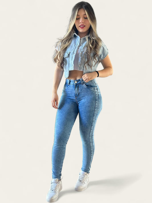 Jean skinny tiro alto mujer strech levanta cola tono azul fros