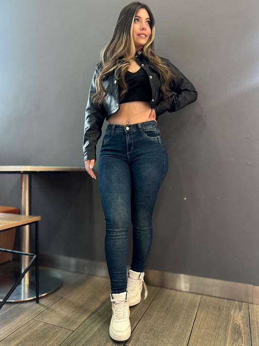 Jean skinny mujer tiro alto levanta cola tono azul verdoso