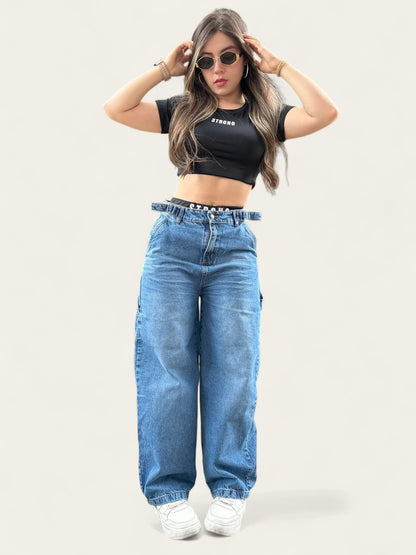 Jean baggy con ajuste de cintura tono azul