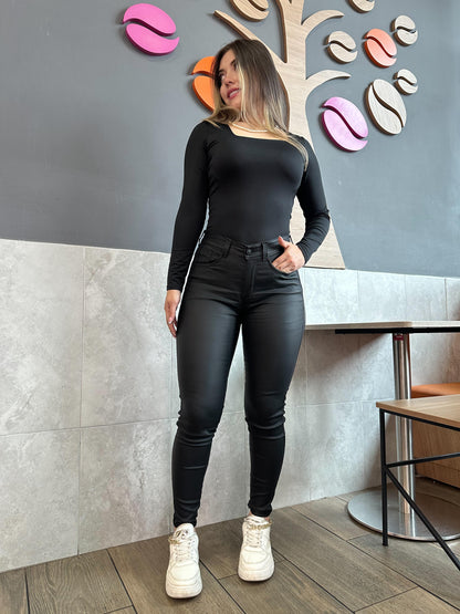 Pantalon Skinny  Mujer tiro alto stretch Efecto cuero