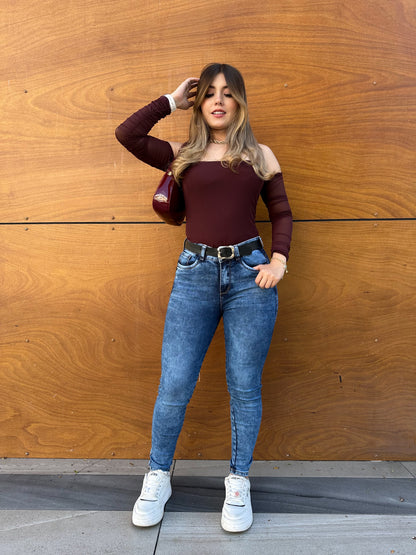 Jean skinny mujer tiro alto levanta cola azul medio