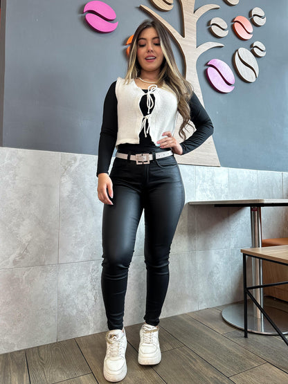 Pantalon Skinny  Mujer tiro alto stretch Efecto cuero