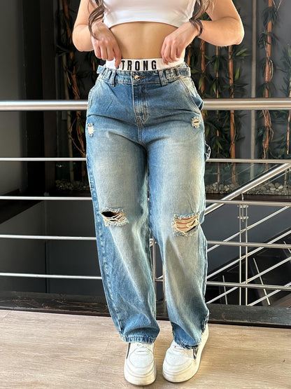 Jean baggy con ajuste de cintura tono azul verdoso con rotos