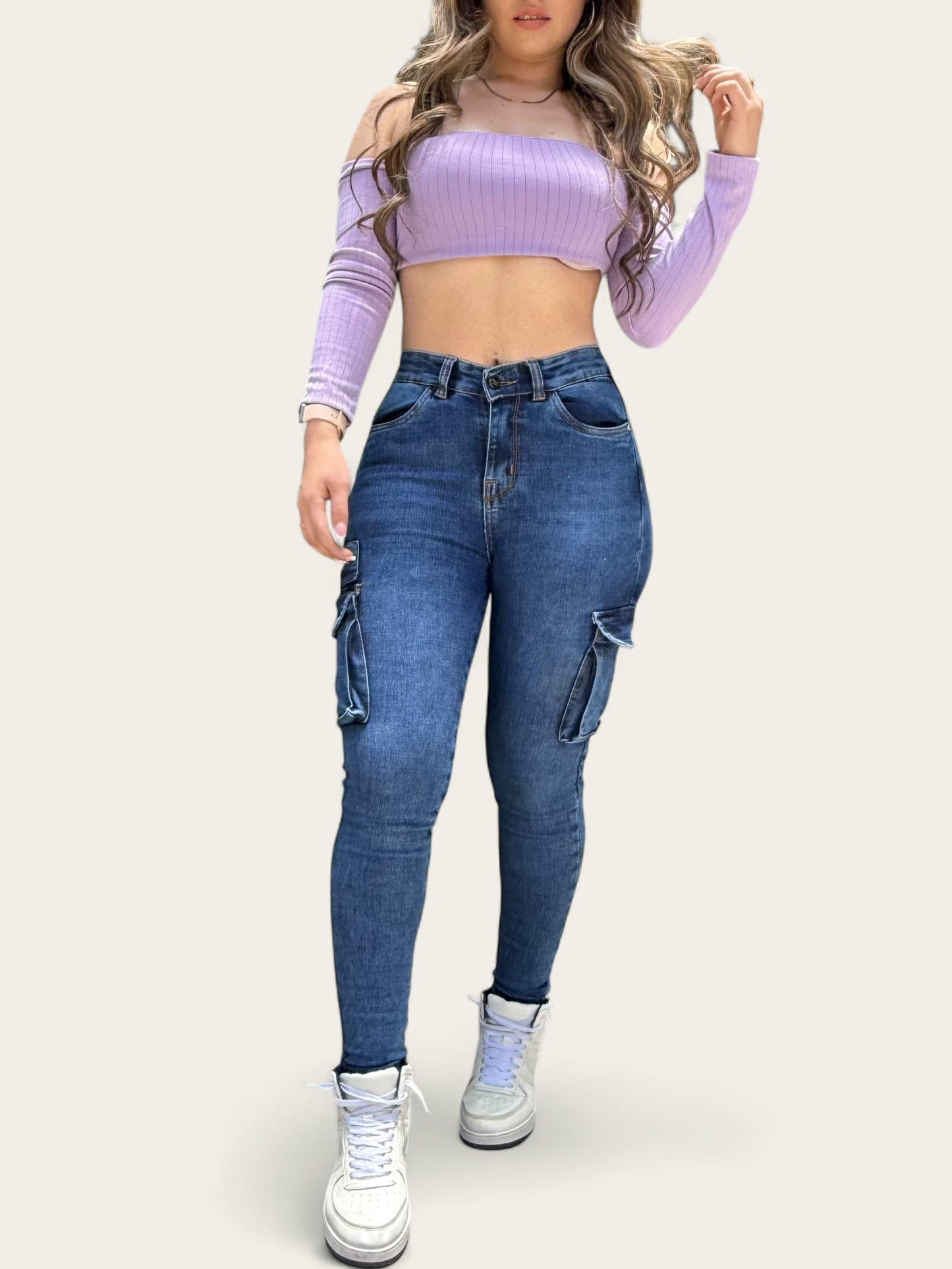 Jean skinny mujer tiro alto cargo tono oscuro