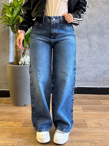Jean wide leg mujer tela bordada diseño líneas azul medio