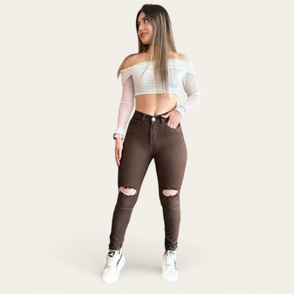 Jean Skinny Mujer tiro alto tono Mocca
