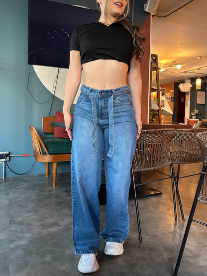 Jean Wide Leg mujer tono azul medio clasico con Correa