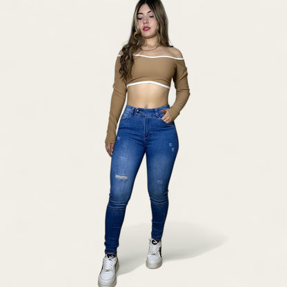 Jean Skinny Mujer stretch tiro alto levanta cola Azul medio detalle botón