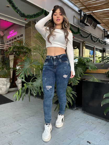 Jean skinny mujer tiro alto levanta cola tono azul con rotos