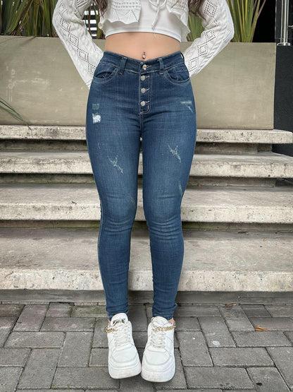 Jean skinny mujer tiro alto levanta cola tono azul oscuro
