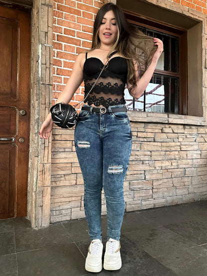 Jean skinny mujer tiro alto levanta cola tono azul con rotos