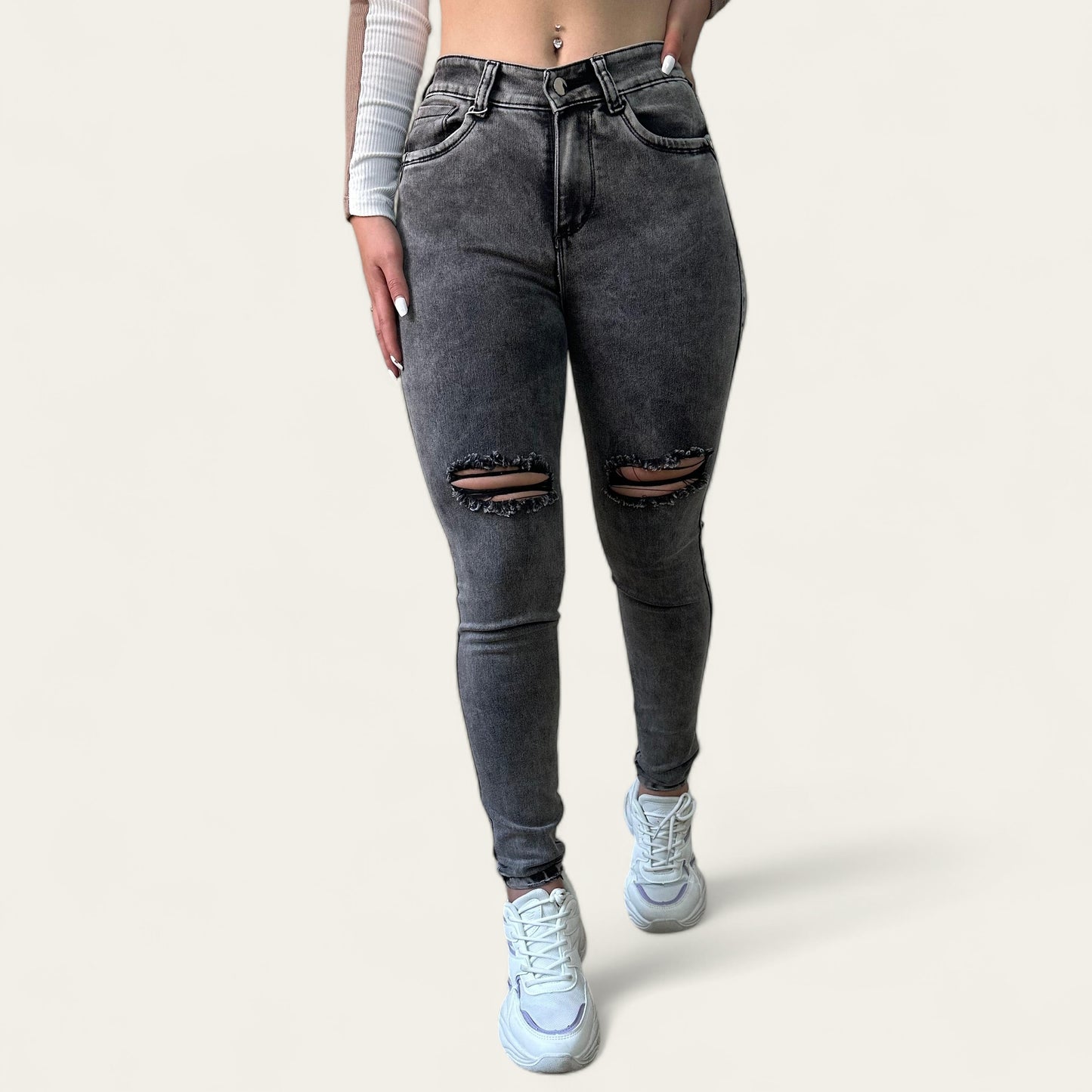 Jean skinny Mujer tiro alto levanta cola gris