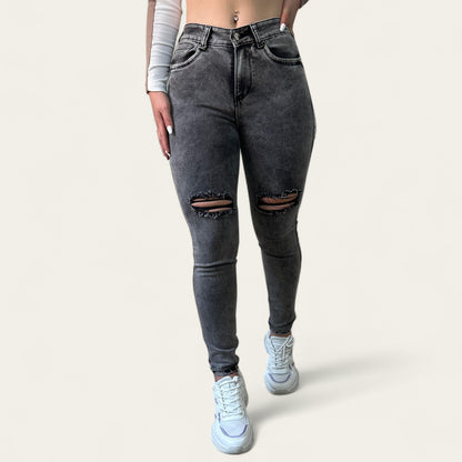 Jean skinny Mujer tiro alto levanta cola gris