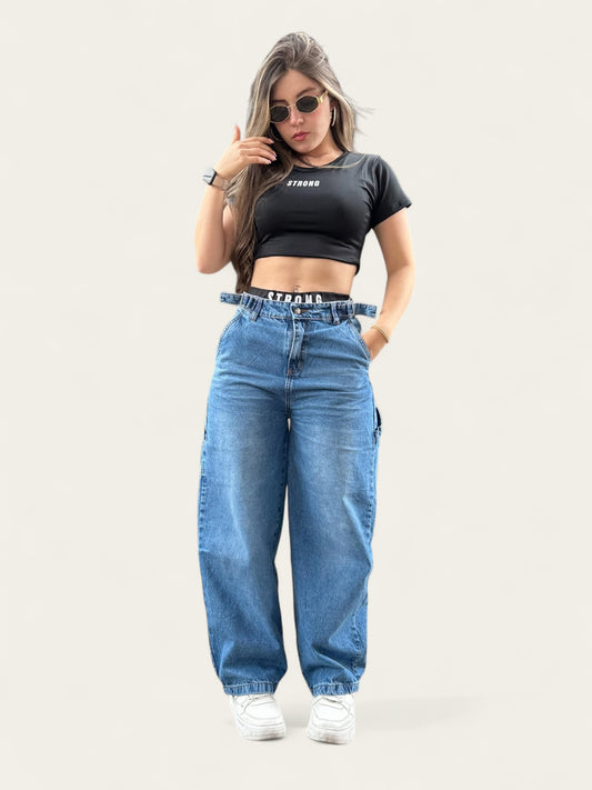 Jean baggy con ajuste de cintura tono azul