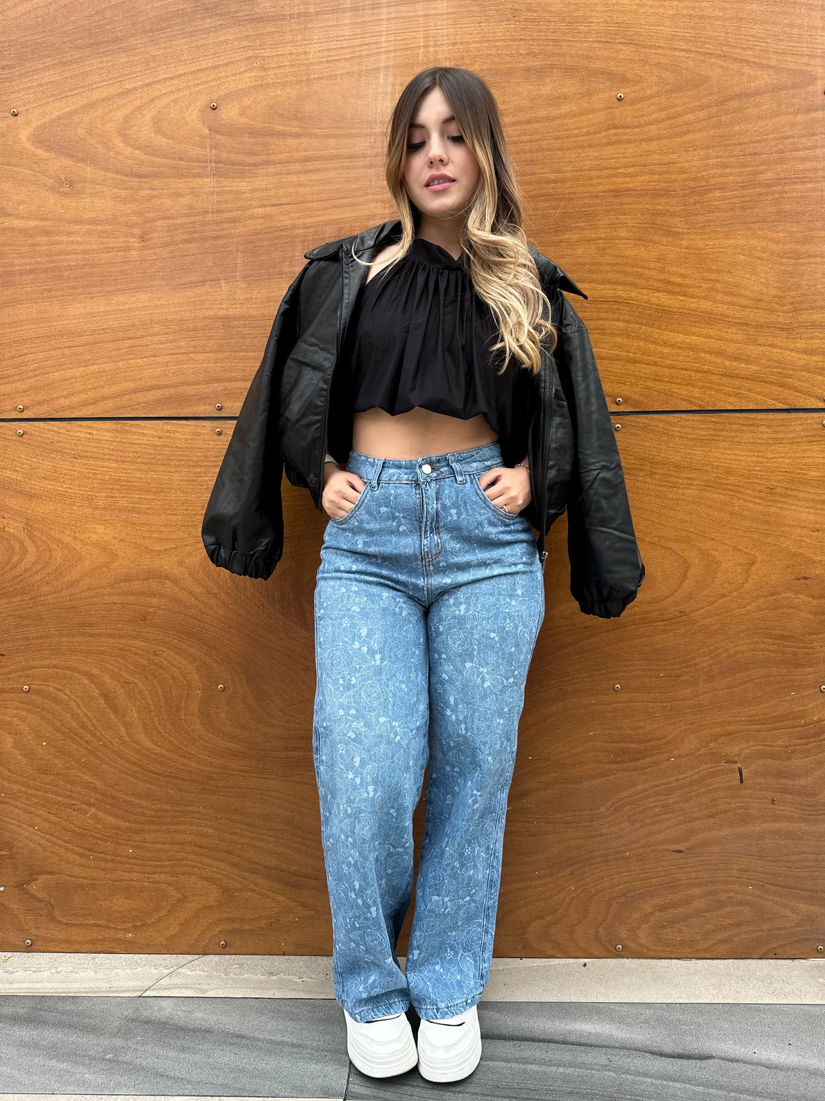 Jean wide leg mujer estampado Rosas