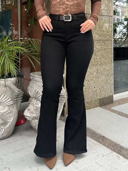 Jean Flare Mujer tiro alto levanta cola tono azul tono negro