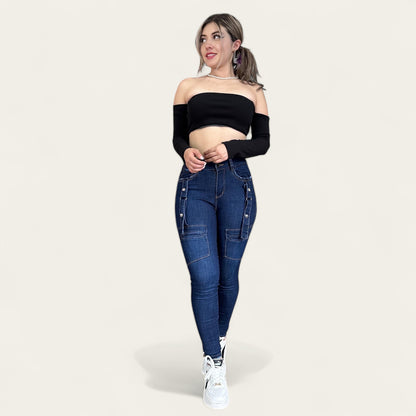 Jean Skinny a cargo Mujer tiro alto Tono azul Clasico