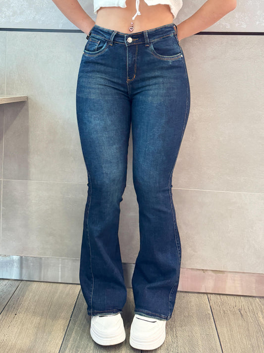 Jean Flare Mujer tiro alto levanta cola tono azul verdoso