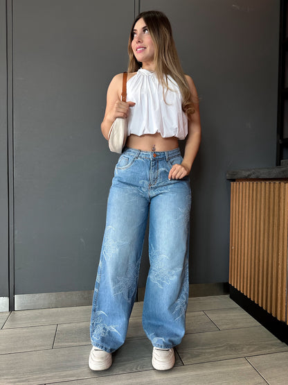 Jean wide leg mujer tela bordada
