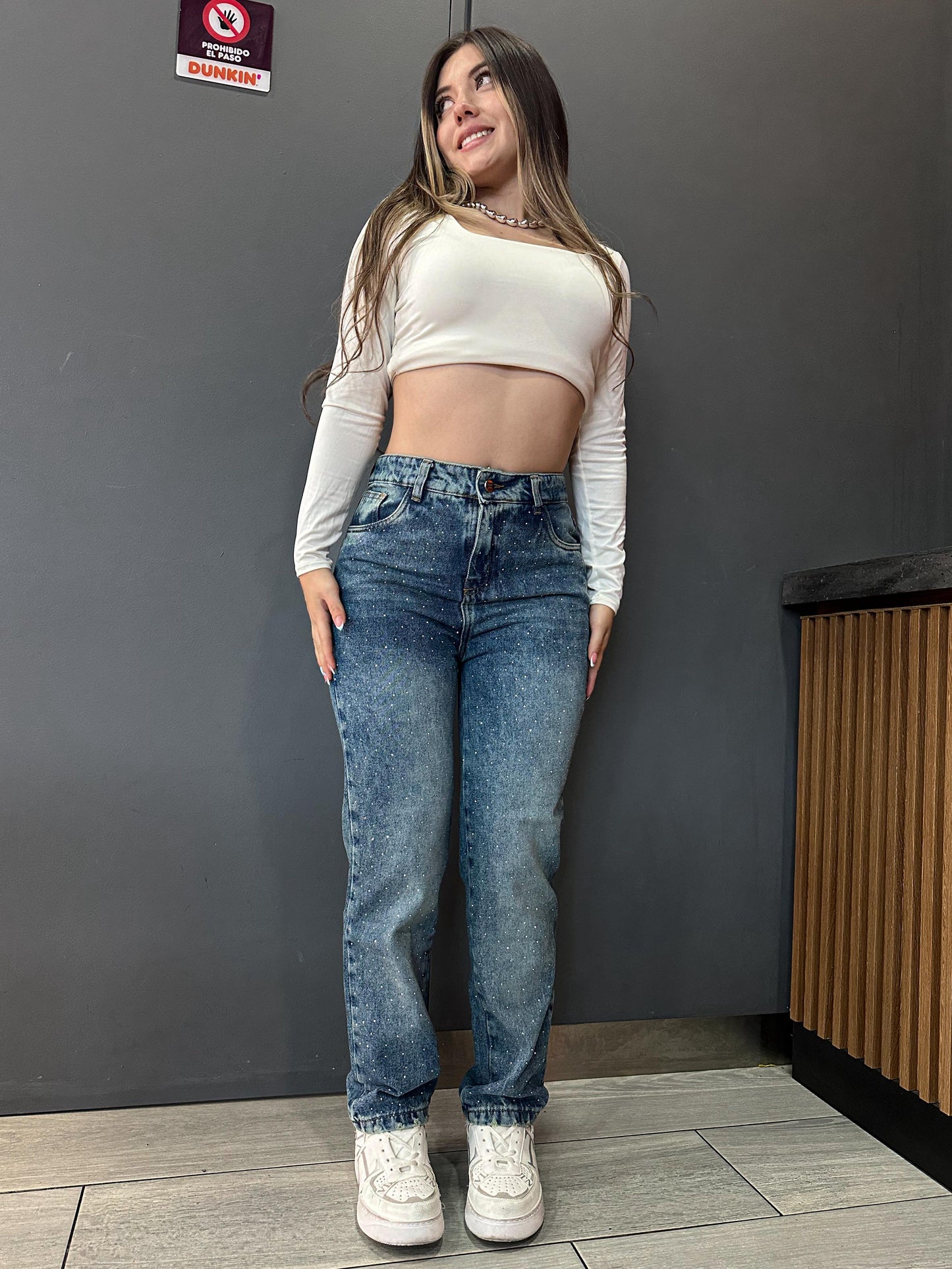 Jean Boyfriend europeo tono azul verdoso