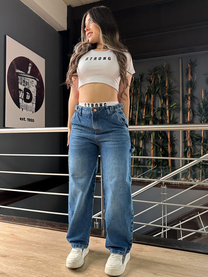 Jean baggy con ajuste de cintura tono azul
