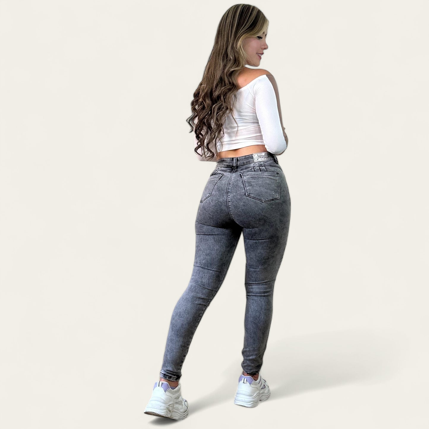 Jean skinny Mujer tiro alto levanta cola gris