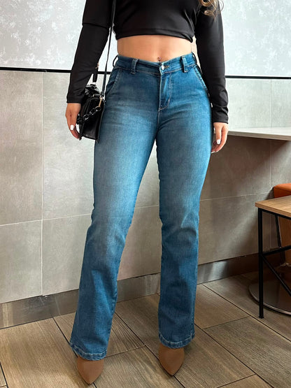 Jean bota recta mujer tiro alto levanta cola tono azul verdoso