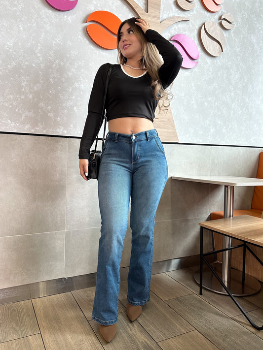 Jean bota recta mujer tiro alto levanta cola tono azul verdoso