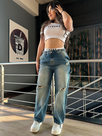 Jean baggy con ajuste de cintura tono azul verdoso con rotos