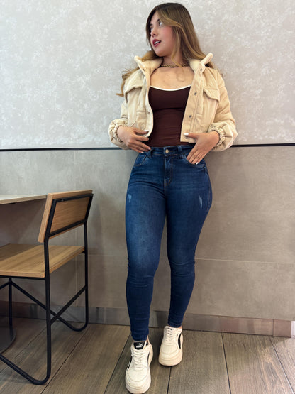Jean skinny mujer tiro alto levanta cola azul medio
