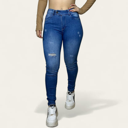 Jean Skinny Mujer stretch tiro alto levanta cola Azul medio detalle botón