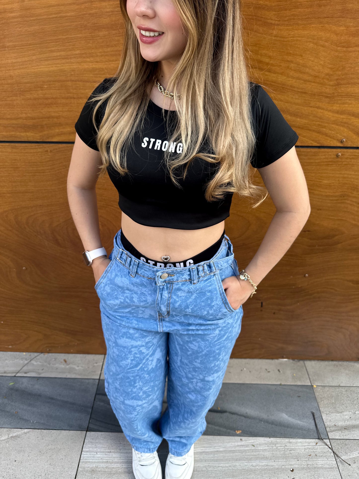 Jean baggy mujer estampado tono azul claro