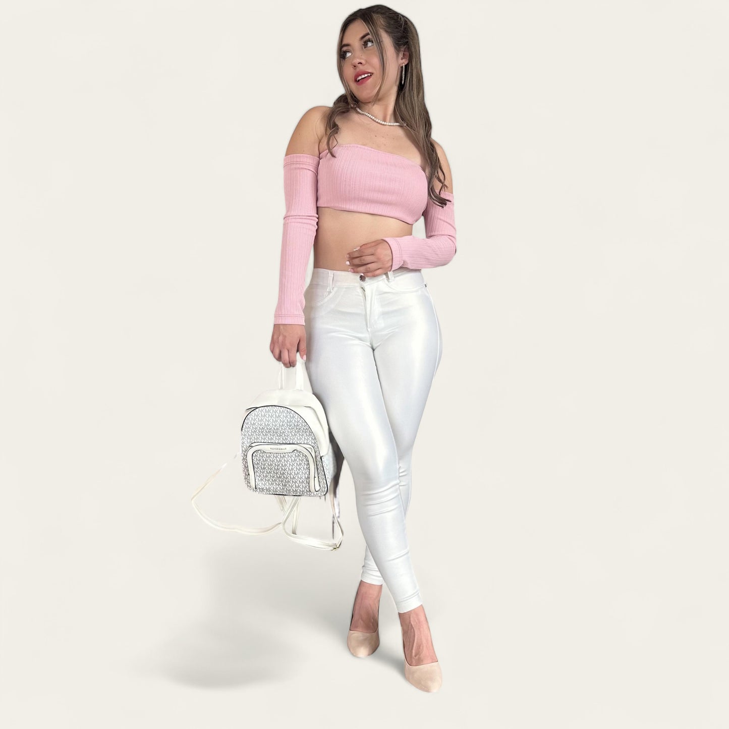 Pantalón skinny Mujer efecto cuero tiro alto tono blanco tornasol