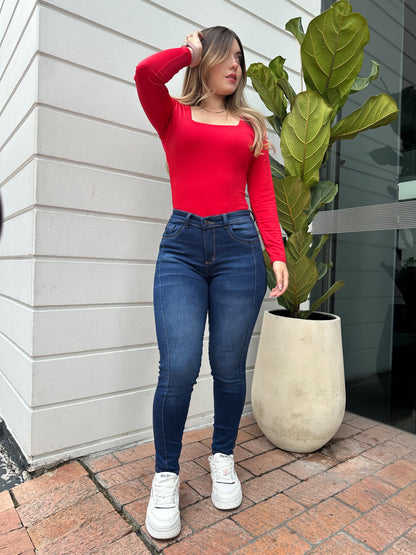 Jean skinny mujer doble costura tiro alto levanta cola azul oscuro