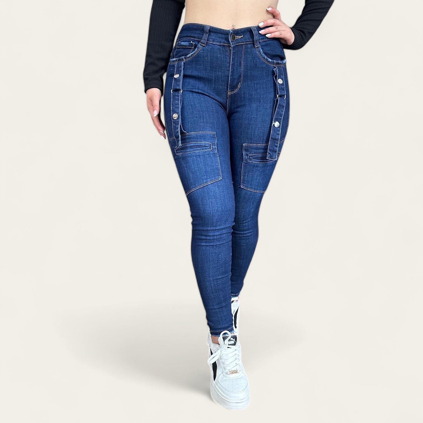 Jean Skinny a cargo Mujer tiro alto Tono azul Clasico