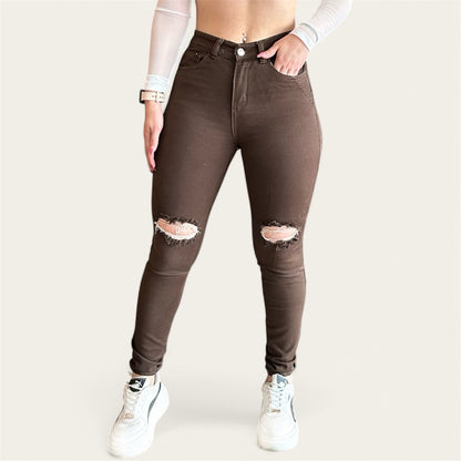 Jean Skinny Mujer tiro alto tono Mocca